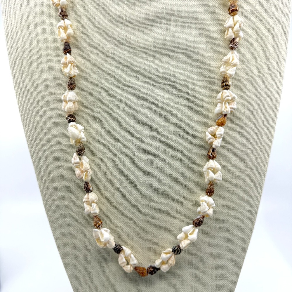 Natural Seashell Cluster Long Necklace Brown White Coastal Boho Statement Gift